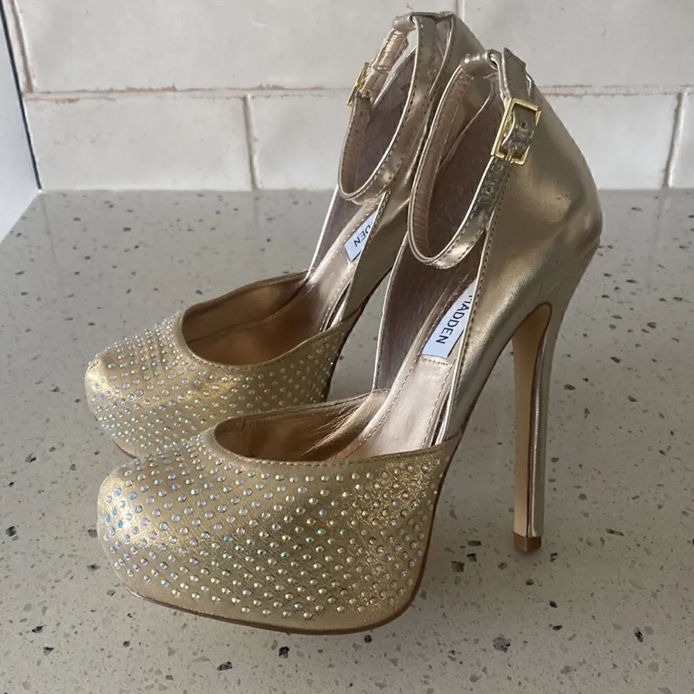 Steve Madden MEA Gold Bling Platform Stiletto Heels Ankle Strap Size Size 6